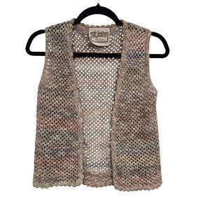 Vintage St. John For Saks Fifth XS S 70s Boho Crochet Knit Open Vest